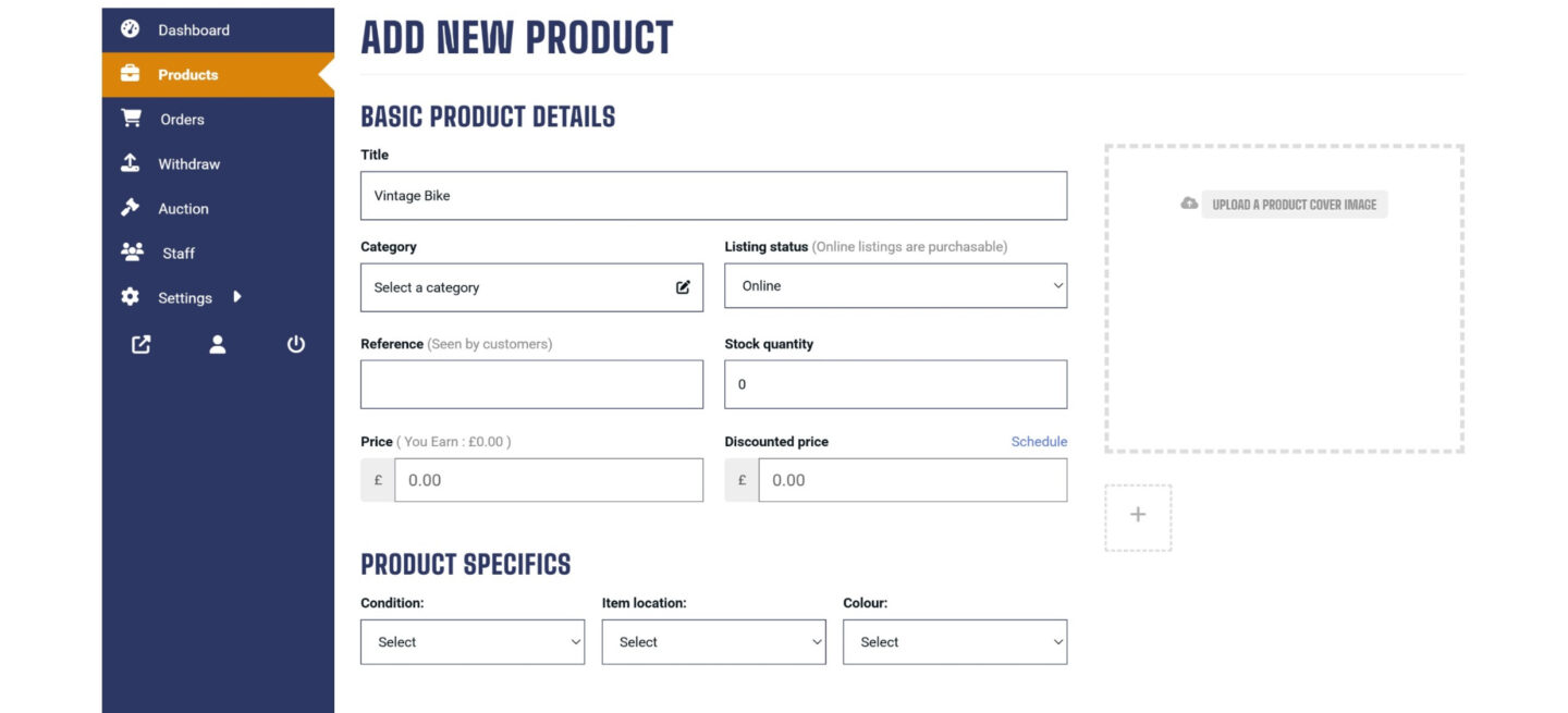 Screenshot of the Shifta bike listing interface and seller dashboard