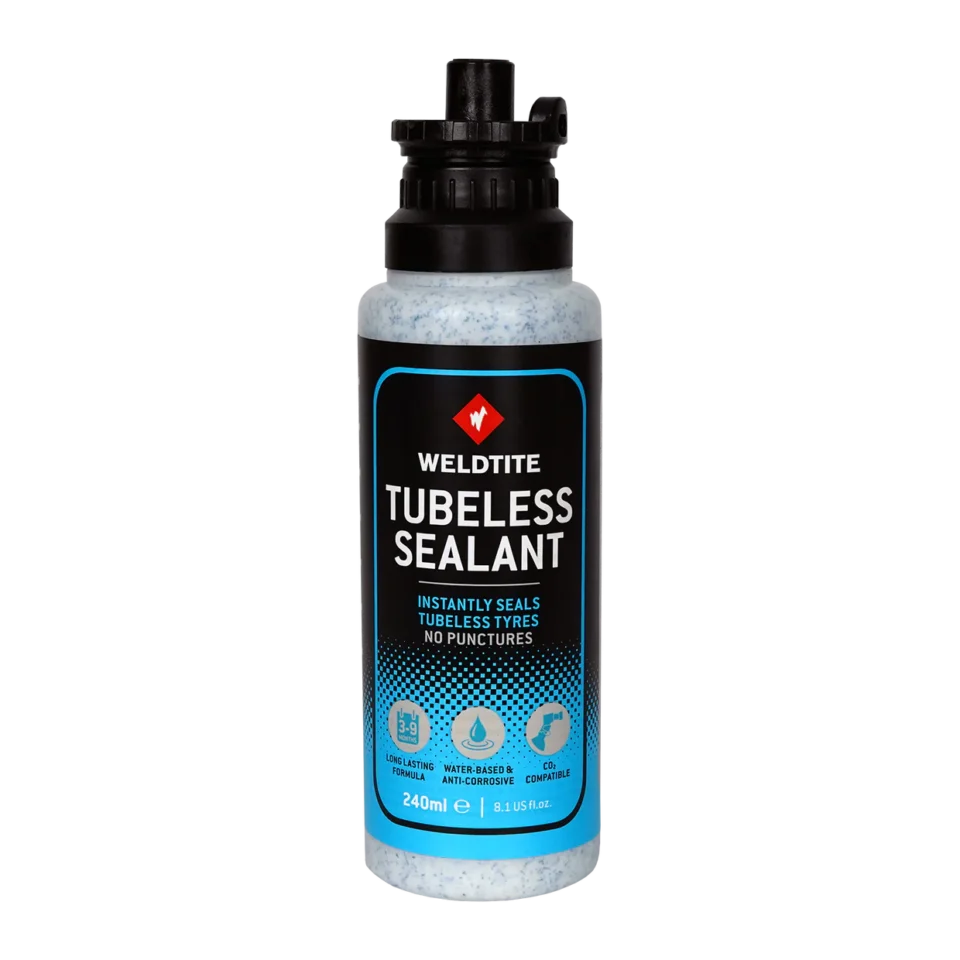 Weldtite tubeless sealant with rubber shred 240ml bottle for fast puncture sealing