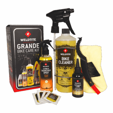 Weldtite Grande Bike Care Kit with brushes, cleaners, and lubes