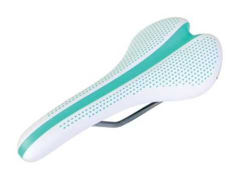 Genetic Perfect bike saddle in white and celeste, 278mm long and 133mm wide